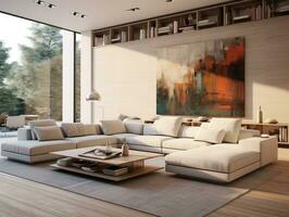 moderno vivo habitación con sofá generativo ai foto