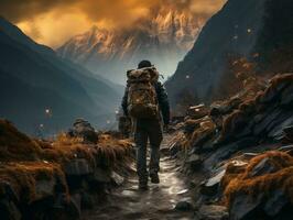 A backpacker ascending a steep mountain trail generative ai photo