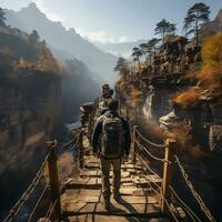 A backpacker crossing a rickety suspension bridge over a deep canyon generative ai photo
