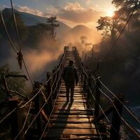 An adventurer crossing a suspension bridge over a roaring waterfall generative ai photo