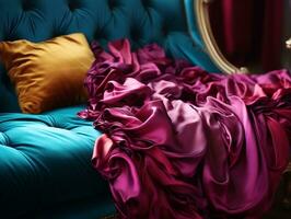 Handcrafted luxurious fabrics, pink, blue, and gold velvet luxury designs generative ai photo