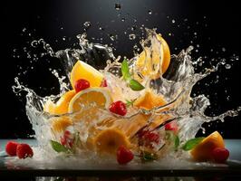 Water splash flying through the air food photography generative ai photo