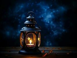 Beautiful lantern with a candle on it in front of a dark background generative ai photo