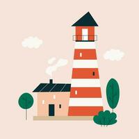 linda faro rodeado por verde arboles y blanco nubes sencillo ilustración en plano estilo. escandinavo faro con ventanas y fumar desde un Chimenea. vector valores ilustración.