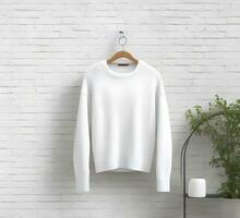 White sweater Mockup With brick Background ai generate photo