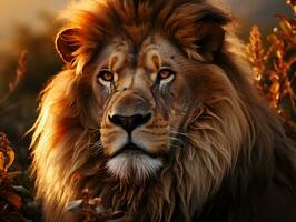 un león en el sabana a atardecer, masculino león, Rey de el desierto generativo ai foto
