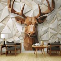3d modern interior living room with stereo deer animal and abstract geometric crack stone generative ai photo