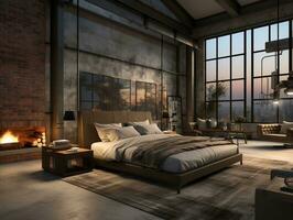 Interior of luxury bedroom inside a luxury industrial home generative ai photo