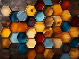 Abstract wooden seamless hexagonal mosaic tiles background with hexagons cubes in wooden texture generative ai photo