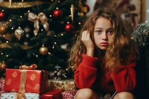 Serious sad little girl is sitting in front of a Christmas tree Generative AI photo