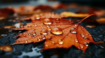 ai generative Closeup image of autumn leaves with rain drops on the ground photo