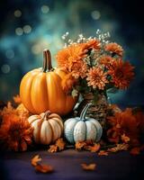 ai generative Copy space, banner, template. Floral Thanksgiving arrangement with pumpkin on blurry background photo