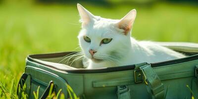 White cat comfortably laying in a green suitcase. Created with Generative AI technology photo