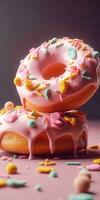 Stacked doughnuts with colorful sprinkles and strawberry glazing dripping down. Created with Generative AI technology photo