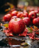 ai generative red apple on the tree with water droplets close up on ground photo