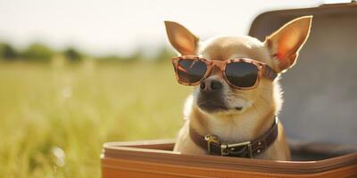 Cool Chihuahua dog wearing sunglasses in suitcase outdoor. Created with Generative AI technology photo