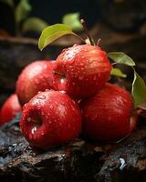 ai generative red apple on the tree with water droplets close up on ground photo