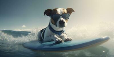 Surfing dog with sunglasses laying on the surfboard in the ocean. Created with Generative AI technology photo