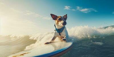 Surfing dog catching the wave. Created with Generative AI technology photo