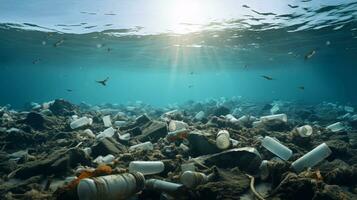ai generative Turquoise Waters Tainted by Plastic Pollution photo