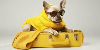 Cool French bull dog wearing sunglasses sitting in yellow suitcase. Created with Generative AI technology photo