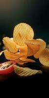 Wave cut potato chips flying in the air with cherry tomato on dark background. Created with Generative AI technology photo