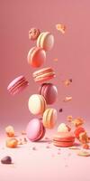 Colorful macarons floating in air on pink background. Created with Generative AI technology photo