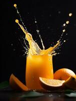 Orange juice splashing out from the glass surrounded by orange slices on dark background. Created with Generative AI technology photo