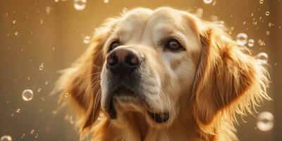 Adorable dog surrounded by bubbles with natural lighting. Created with Generative AI technology photo