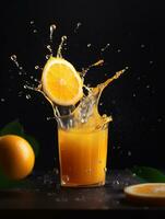 Thin orange slice dropping into glass of orange juice on dark background. Created with Generative AI technology photo