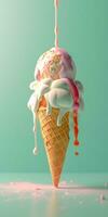 Sauce dripping on top of ice cream cone on mint green background. Created with Generative AI technology photo