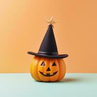 Festive Halloween pumpkin decoration wearing a witch hat. Created with Generative AI technology photo
