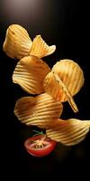 Wave cut potato chips flying in the air with cherry tomato on dark background. Created with Generative AI technology photo