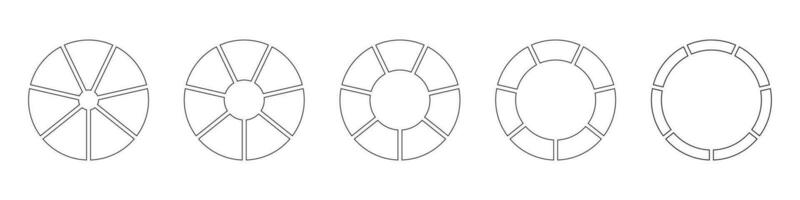 ruedas redondo dividido en Siete secciones. contorno rosquilla cartas o pasteles segmentario en 7 7 igual partes. diagramas infografía colocar. circulo sección grafico línea Arte. tarta gráfico iconos geométrico elemento. vector. vector