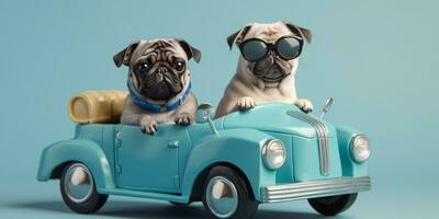 Cute pug dogs riding in a toy car light blue background. Created with Generative AI technology photo