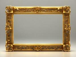 Gold antique rectangular picture or mirror frame, richly decorated. 3D looping animation with alpha matte. Front view, gently moving lights and reflections, Generate Ai photo