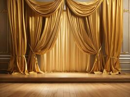 Gold curtains and wooden floor. Ai. Golden stage concept of exclusivity, Generate Ai photo