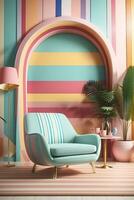 resumen mínimo concepto. pastel multi color vibrante maravilloso retro a rayas antecedentes pared marco con brillante Sillón decoración. burlarse de arriba modelo para producto presentación. 3d representación. Copiar texto espacio. foto