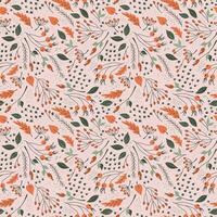 Cute retro background with falling leaves, berries and tree branches. Seamless pattern with Summer and Autumn plants. Vector illustration of abstract forest.