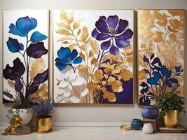 Silhouettes of beautiful plants on canvas.Gold, black, blue and gray, purple colors. Interior painting. Beautiful background photo