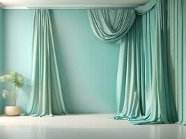 Pastel turquoise blue green empty wall in room with silk curtain drapes. Mock up Template for product presentation. Living, gallery, studio, office concept. 3D rendering, Generate ai photo