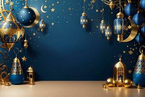 Ramadan greeting card of crescent moon decoration and lanterns with copy space area banner, Generate Ai photo