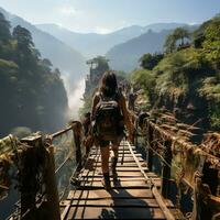 A backpacker crossing a rickety suspension bridge over a deep canyon generative ai photo
