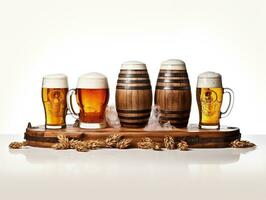 Beer glasses with beer barrel on isolated background generative ai photo