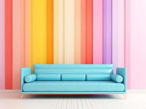 Pastel multi-color vibrant groovy retro striped background wall frame with bright sofa interior home design generative ai photo