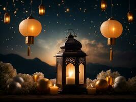 Happy eid ul fitr or eid ul adha  poster with a background of lanterns moon and clouds, 3d rendering photo