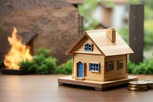 Wooden house model and real estate insurance ideas, and small shield icon. Housing insurance against impending loss and fire, building fire insurance concepts, Generate Ai photo