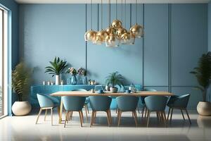 Modern concept interior of dining room with empty blue mockup wall background 3D Rendering, 3D Illustration, Generate AI photo