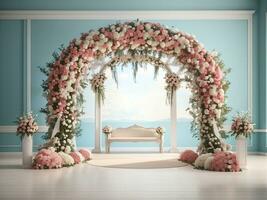 Wedding arch decorated with a long wide, 3D rendering photo