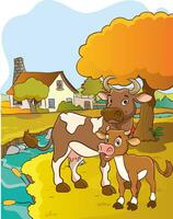 vector illustration of village landscape and cow